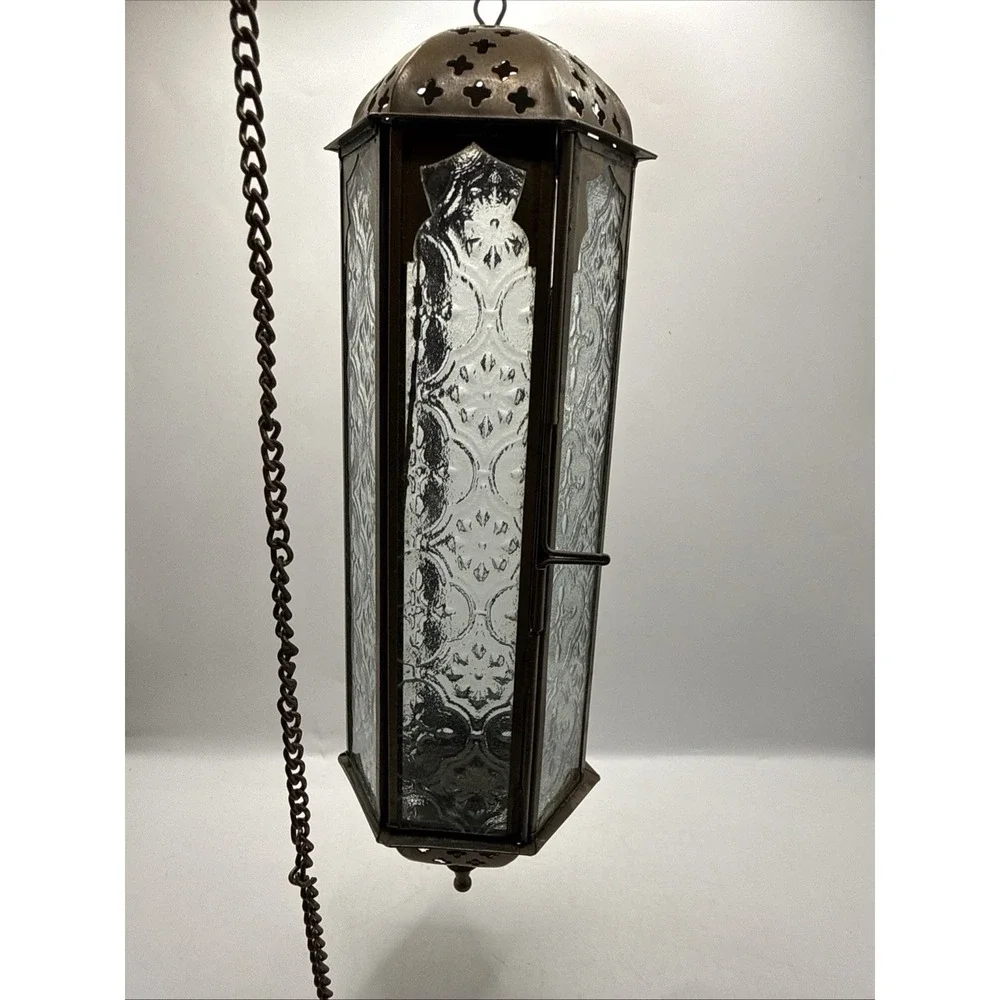 VTG Moroccan Hanging Lantern Clear Embossed Glass Brass 10.5